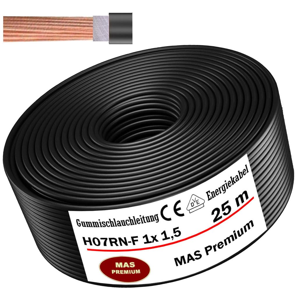 MAS Premium Cavo elettrico in gomma H07RN-F, 5-500 m, 1 x 1,5, 4, 6, 10, 16, 25, 35, 50 e 2 x 1, cavo flessibile per dispositivi pesanti (H07RN-F 1 x 1,5 mm², 25 m)