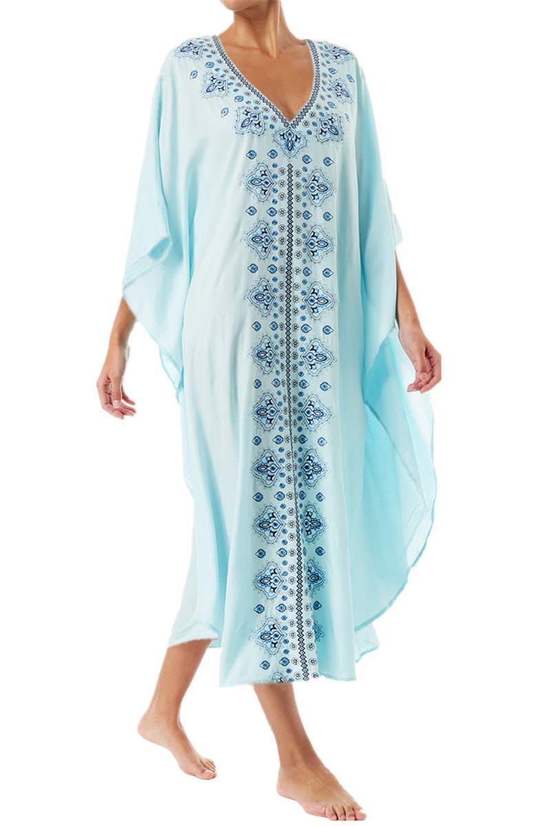 L-Peach Women's Light Blue Floral Embroidery Kimono Long Dress Maxi Kaftan Summer Beach Boho Cover Up Tops