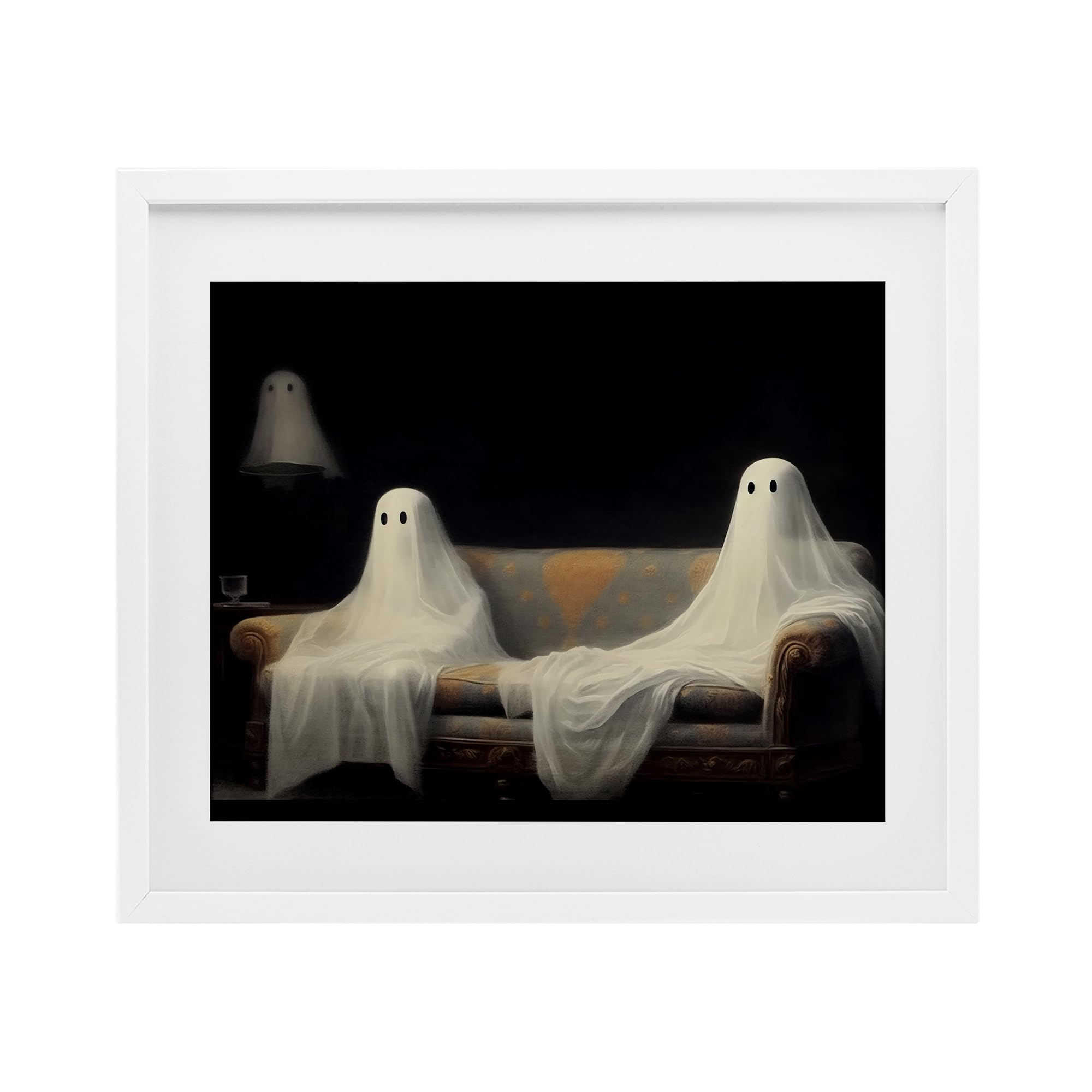 Affiche fantômes blancs effrayante sur le canapé cadre 33x40cm