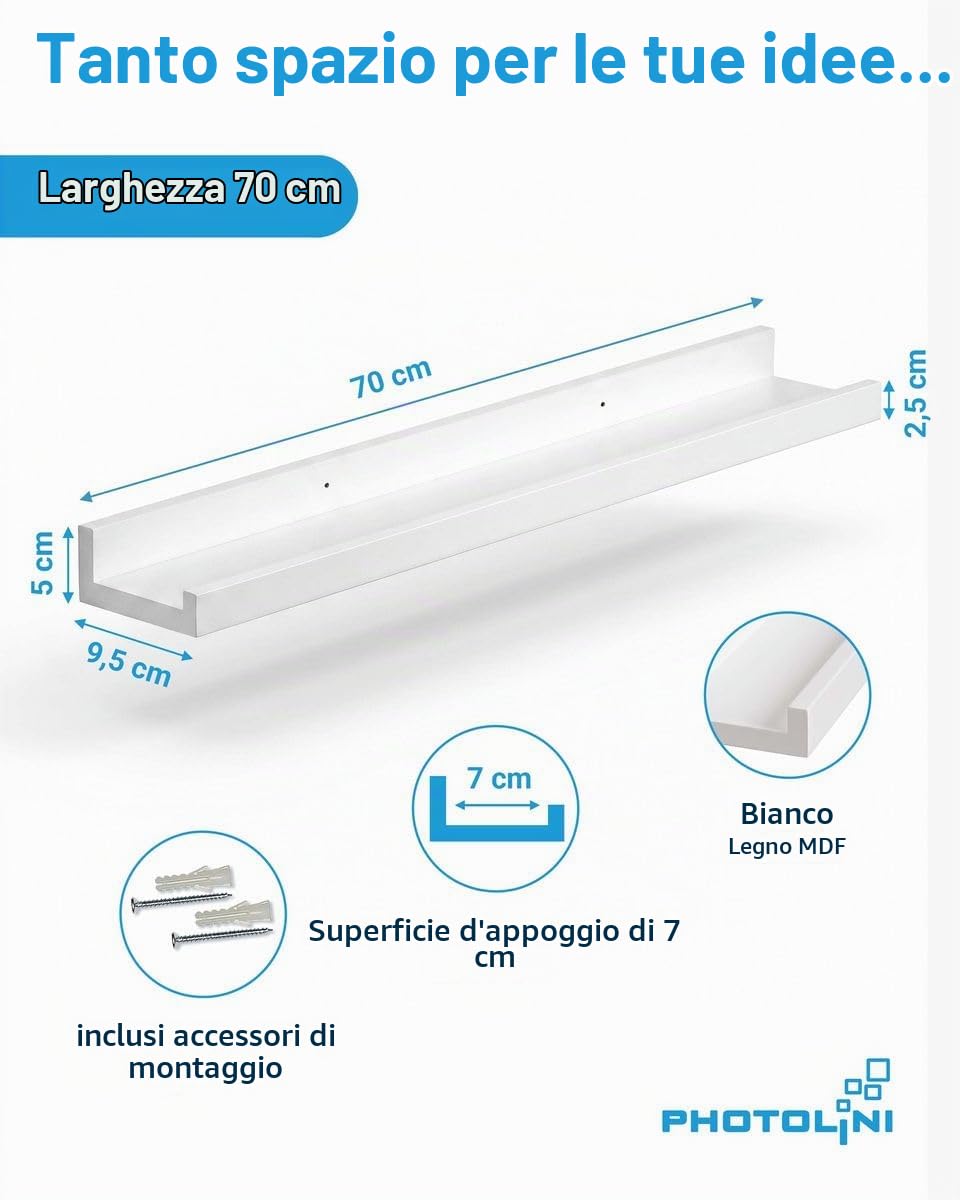 PHOTOLINI Mensola per foto, stabile in legno MDF bianco 70 cm, pannello galleria, set da 2, pannello da parete per foto, poster, per una configurazione flessibile, forma a U, facile da montare