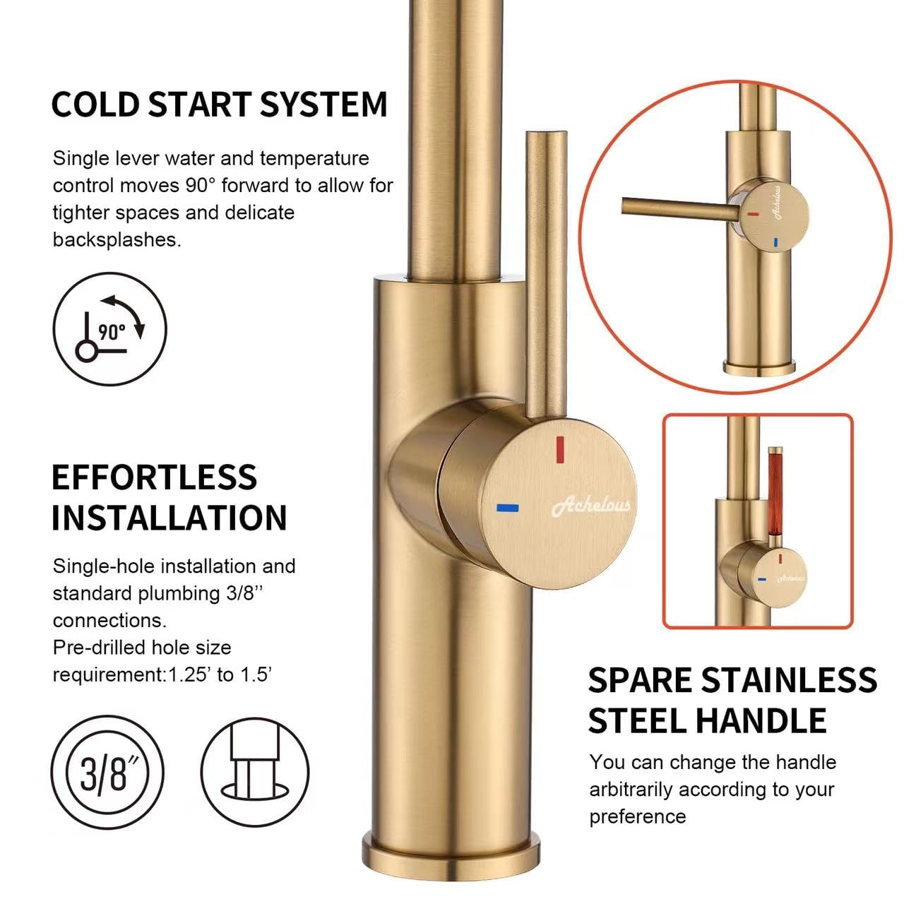 Grifo monomando para fregadero de cocina/barra, grifo de acero inoxidable con acabado dorado cepillado, un solo orificio, grifo giratorio de 360° para casas de campo, caravanas, autocaravanas y bañ
