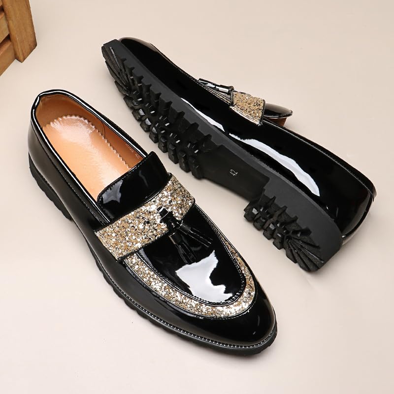 Santimon Men's Patent Leather Tassel Loafers Glitter Slip-On Dress Shoes Chunky Sole Formal & Casual Tuxedo Shoe4
