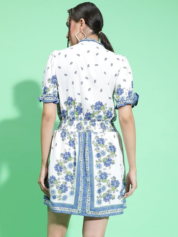Image of oxolloxo Women Scarf Floral Print with Elasticated Waist Tie-Knot Belt Detail Dress with Short Sleeve
