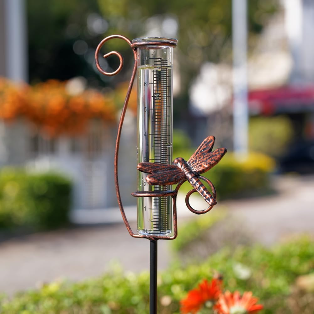 Dragonfly Rain Gauge Outdoor, 7 Inch Metal Rain Gauges for Measuring Precipitation, Patio, Garden Yard Decor