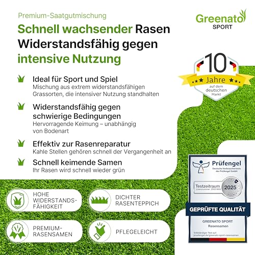 Sport und Spielrasen Greenato Sport Rasensamen 25 kg – Turbo Rasensamen schnellkeimend ideal für Rasenerde Grassamen für Neuansaat und Nachsaat extra robust Unkrautvernichter Rasen - für 1000 m²