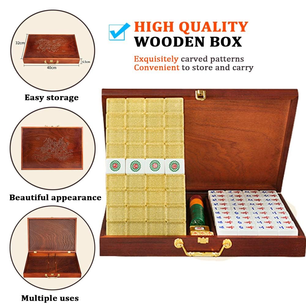 Mahjong - Juego de azulejos acrílicos y caja de madera para entretenimiento en casa y noches de juegos familiares