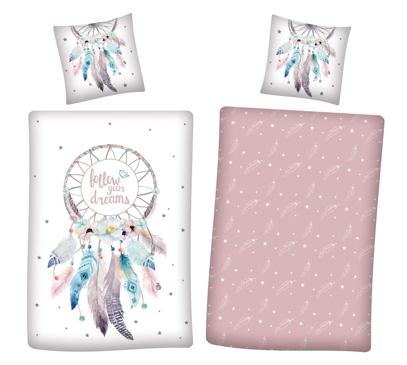 Familando Juego de cama reversible 135 x 200 cm, 80 x 80 cm, con atrapasueños, 100 % algodón