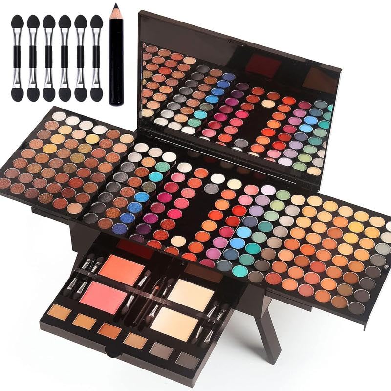 Full Size Mirror Makeup Palette Kit – 90 Color Eyeshadow Set with Matte & Shimmer Shades, Blush, Eyebrow & Face Powder, Eyeliner – Travel Makeup Gift Set for Women