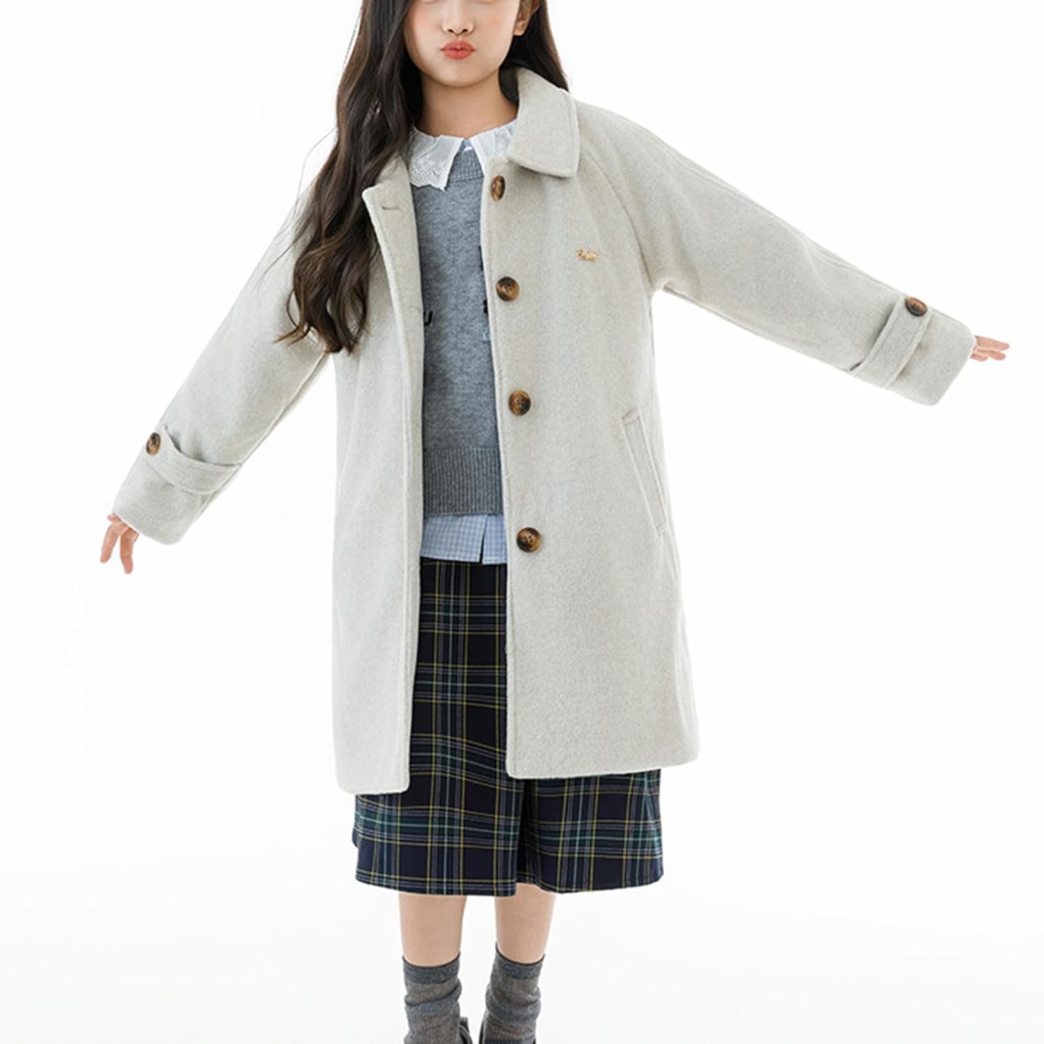Girls Trench Coat Wool Blend Single Breasted Dress Coat Winter Warm Windbreaker Overcoat for Kids 5-15 Years