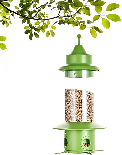 Qdomodoo Comedero para pájaros a prueba de ardillas,4 puertos de alimentación y perchas de metal con resortes,Comederos para pájaros de 5 libras de