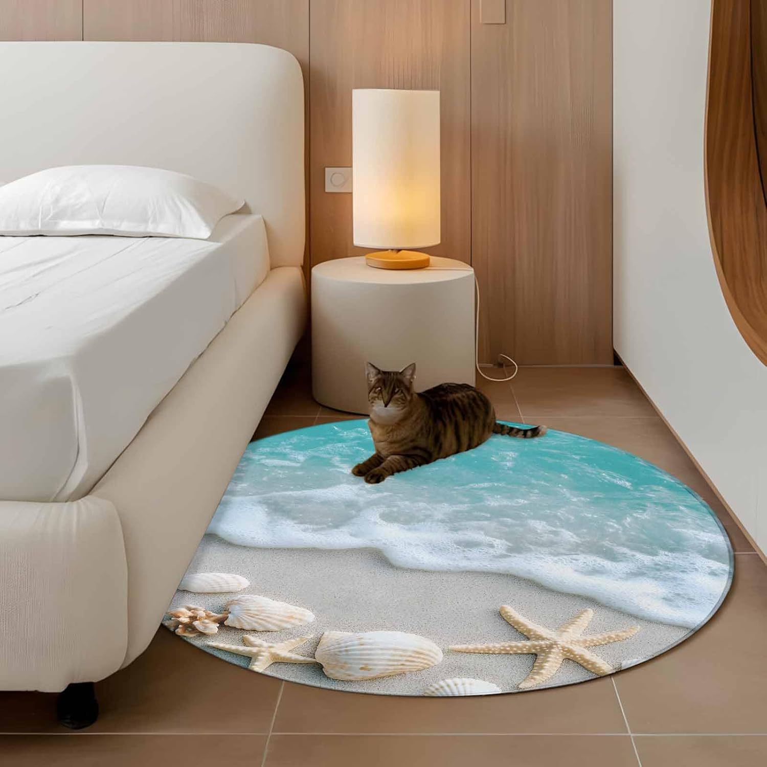 Round Area Rug 4ft Teal Beach Floor Carpets Indoor Floor Area Mat Stain-Proof Mat Circle Rugs for Living Room Dining Room Kitchen Bedroom, Ocean Waves Starfish Sofa Throw Carpet