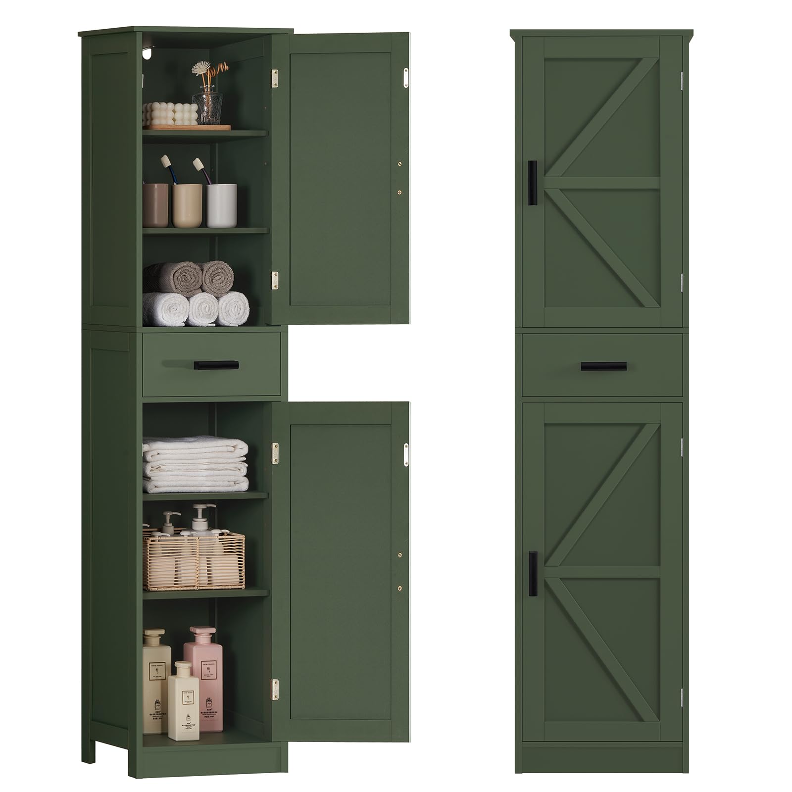 weenfon tall bathroom cabinet, storage cabinet with 6 shelves & drawer, bathroom storage cabinet with adjustable shelves, tall cabinet for living room, home office, forset green