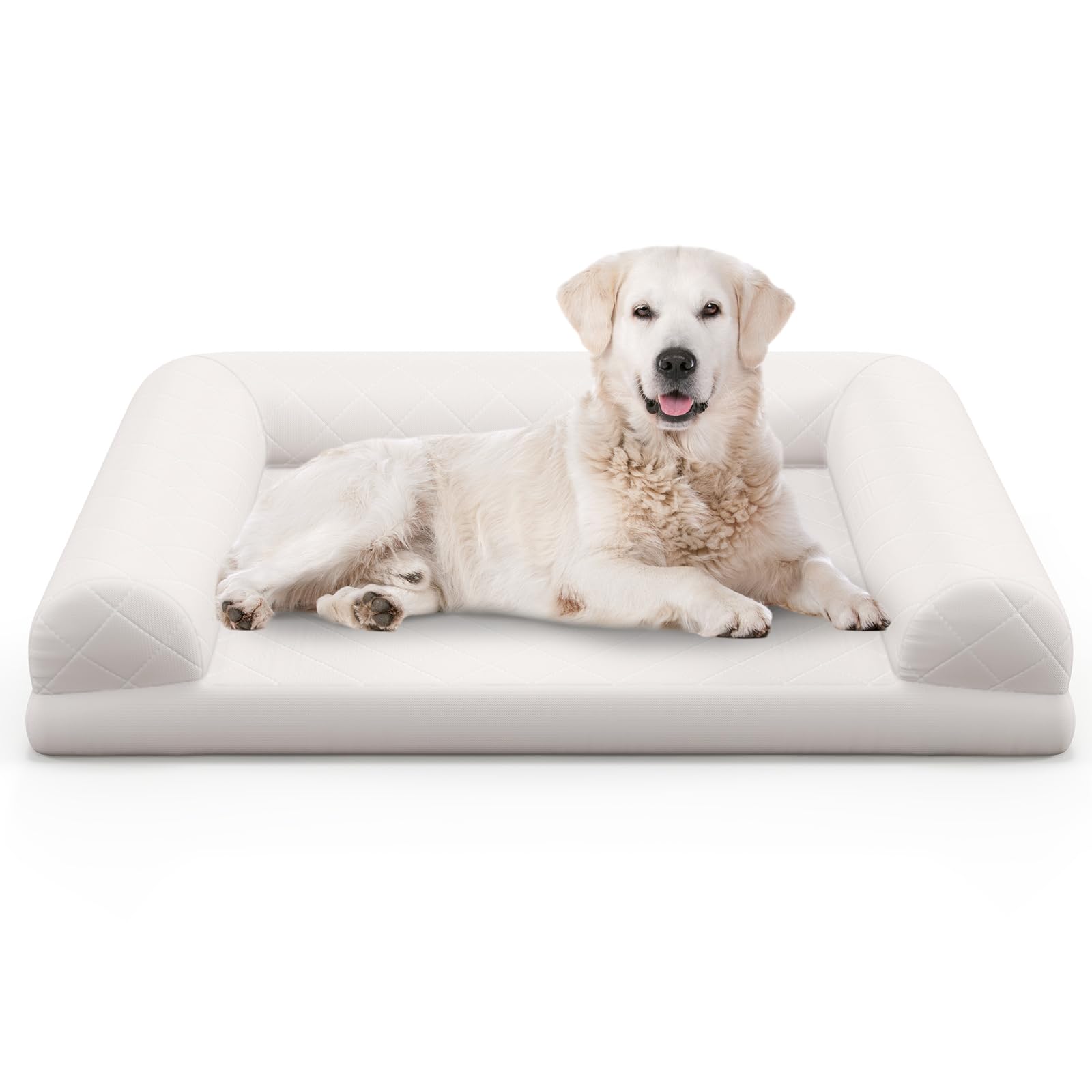 COSTWAY Cama Perros Medianos y Pequeños, 90x69x18 cm, Cama Ortopédica para Perros con Espuma de Huevo y Cojín de 3 Lados, Base Antideslizante, Sofá para Mascotas, Desenfundable y Lavable (Beige)