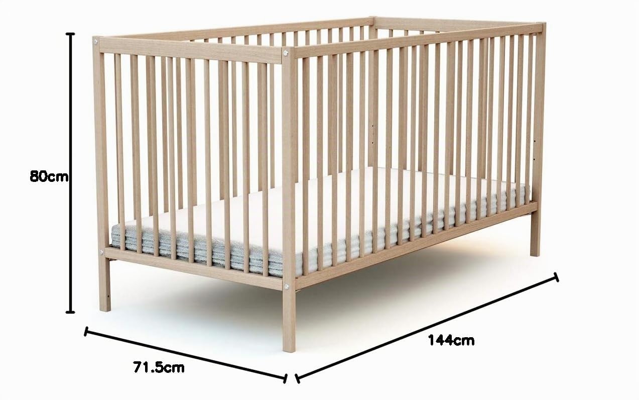 AT4 - Lit Bébé 70x140 ESSENTIEL Hêtre Brut| 144 x 74 x 86,5 cm | Sommier à lattes réglable 3 hauteurs
