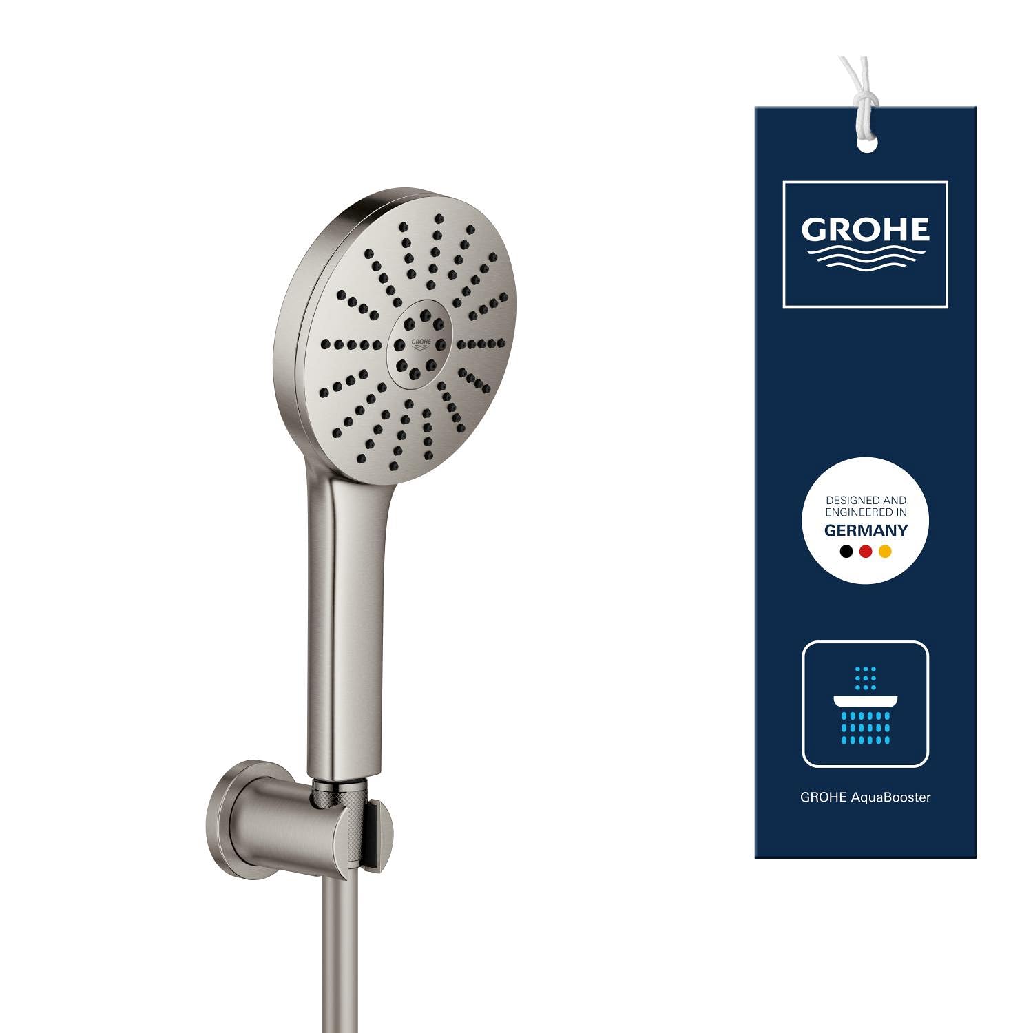 GROHE Vitalio Joy+ 120 Set Doccia con doccetta a mano e supporto a parete (doccetta 3 getti, risparmio idrico 6,3 l/min, protezione antiscottatura, tubo flessibile 1,5 m), Supersteel, 134865DC00