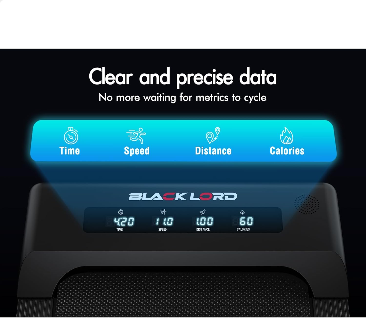 Digital display showing workout data on BLACK LORD FW40 Series Walking Pad Treadmill.