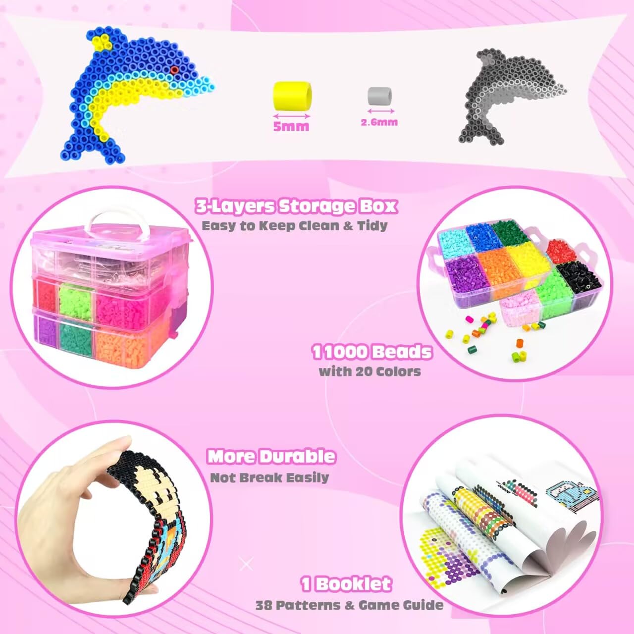 Set Perline da Stirare, 5MM 11000 Pezzi Perline a Fusione con Custodia, Pegboard, Guida Utente, Design gioielli, Decorazioni, Creativo Regali Compleanno Natalizio Fai-da-Te per Bambini (20 Colori)