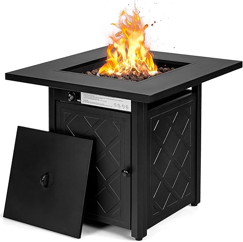COSTWAY Mesa para fogata de propano al aire libre de 28 pulgadas, mesa de gas para patio de 50,000 BTU, mesa cuadrada 2 en 1 con tapa y rocas de