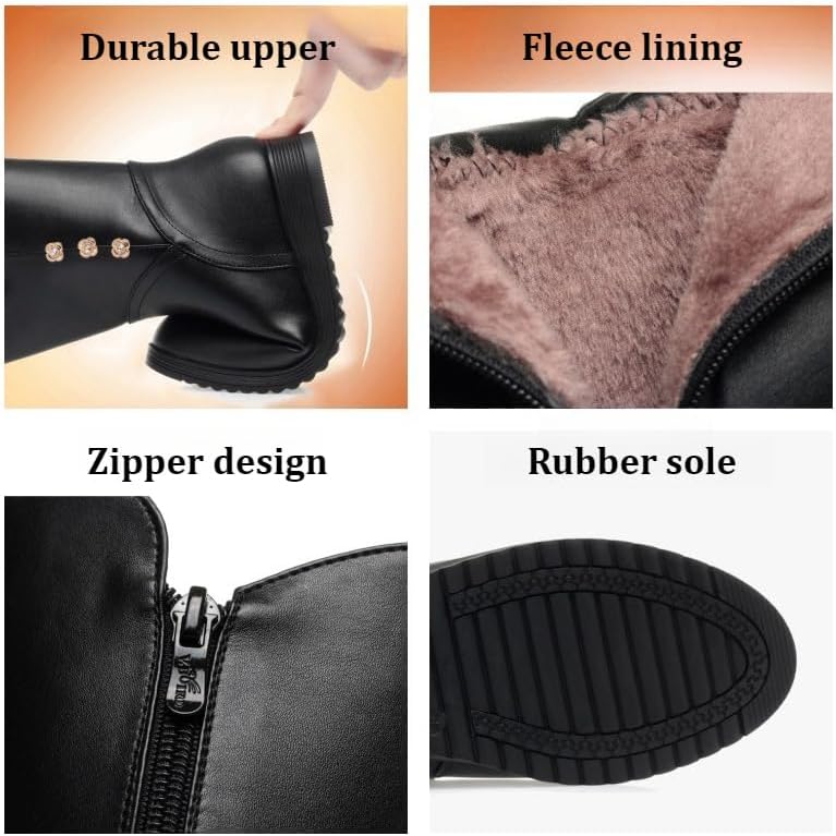 Women's Warm Mid-Calf Leather Boots Comfortable Chunky Heel Side Zipper Fur Lining Winter Boots with Decorative Rhinestones & Pendant Fashion Classic Mid-calf Snow Boots - Image 6