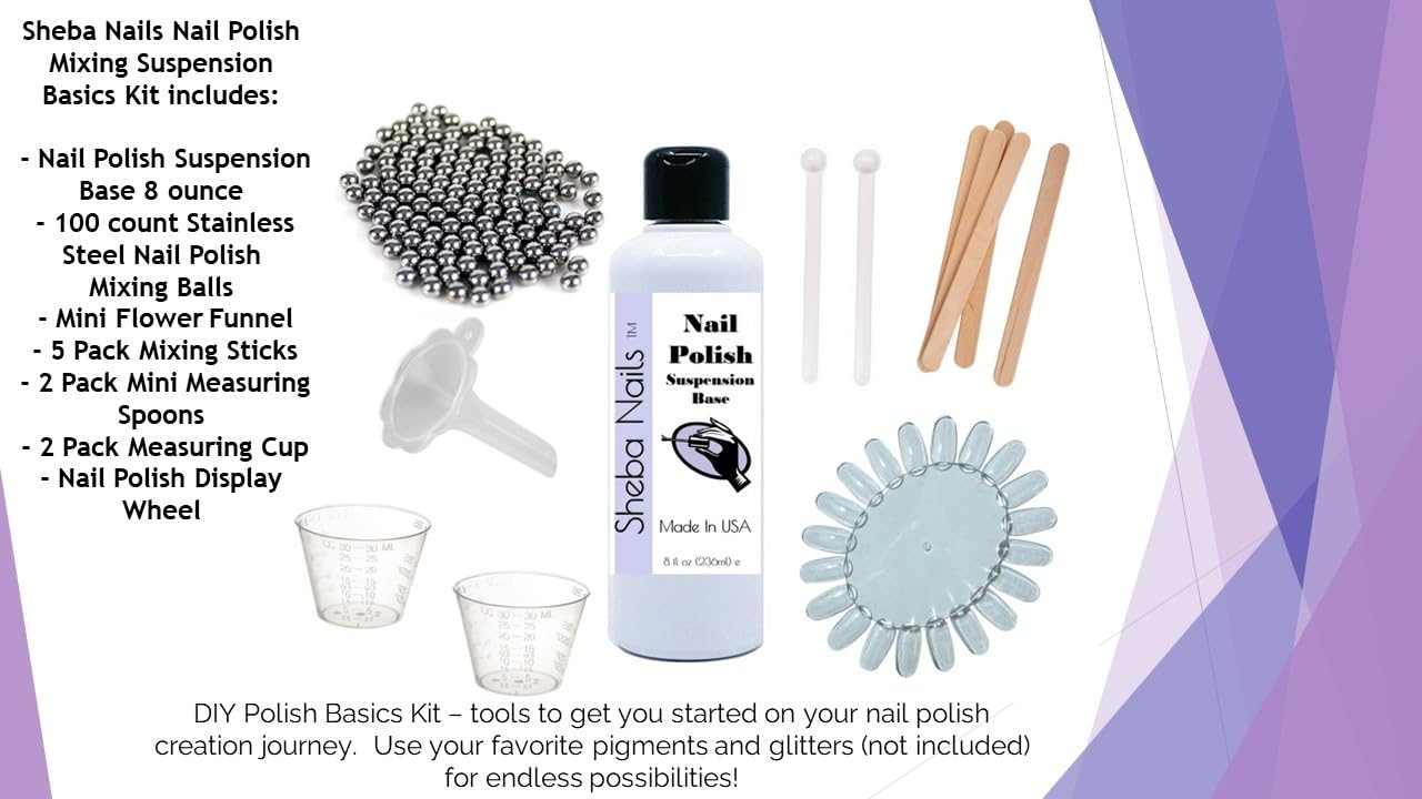 SHEBA NAILS Franken Polish Basics Tools And Accessories Kit - Vegan - 10 Free - Make Your Own Nail Polish - Just Add Glitter or Pigment - Suspending Base - DIY Gift Idea