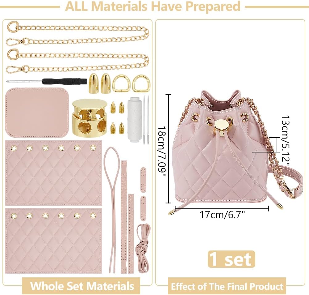 WADORN DIY PU Leather Bucket Bag Making Kit, Handmake Crossbody Bag Sewing Knitting Sets for Purse Making Handbag Making Materials Accessories for DIY Shoulder Bag Making, Pearl Pink