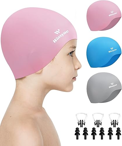 Miniatura 8 de Paquete de 3 gorros de natación para niños y niñas, unisex, de silicona, para niños de 3 a 15 años, gorros de baño impermeables para cabello