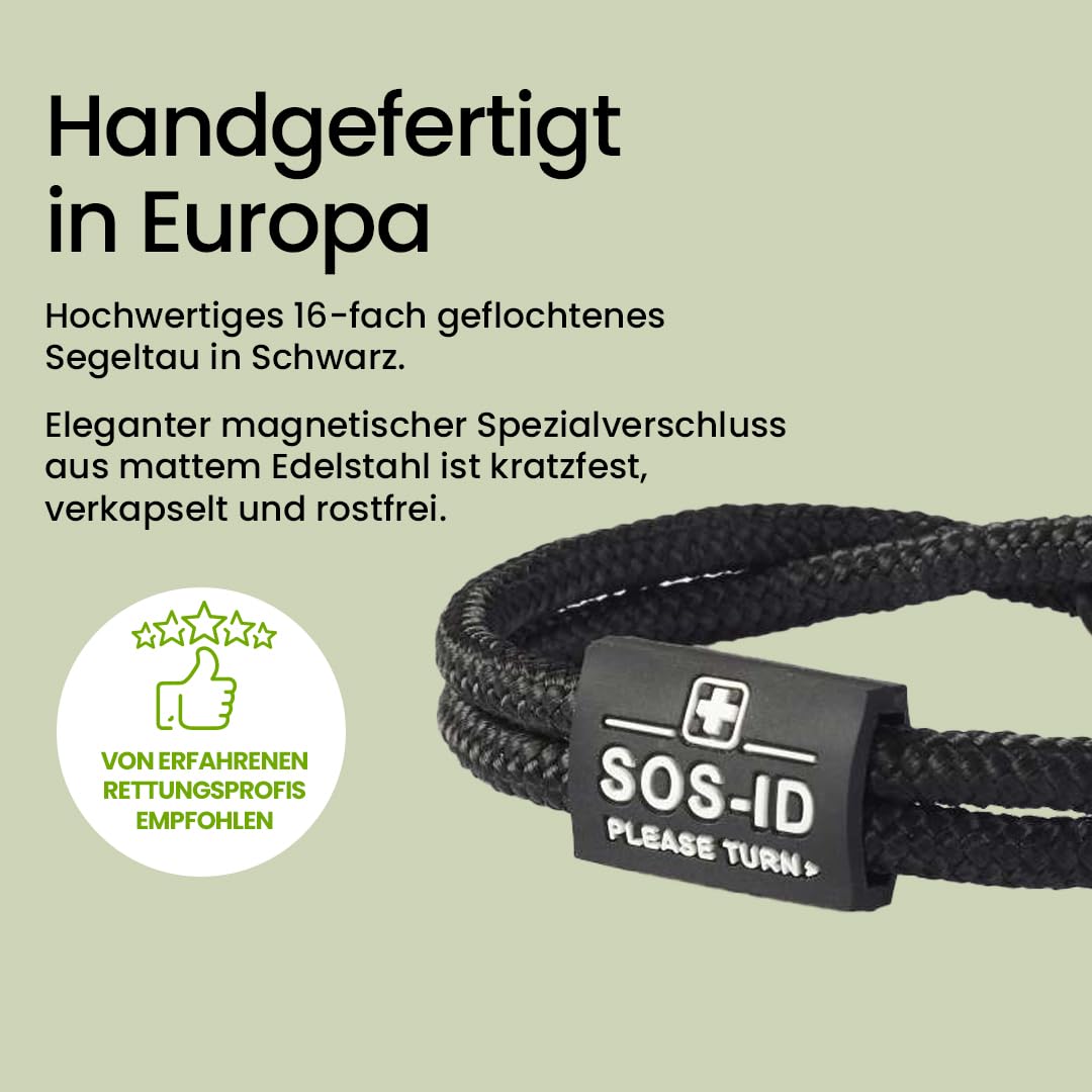 SOS-ID Lifestyle Notfallarmband aus robustem Segeltau mit QR-Code (Größe S/Schwarz) – langlebiges & wasserfestes SOS Armband für Notfälle – schneller Zugriff auf Gesundheitsdaten