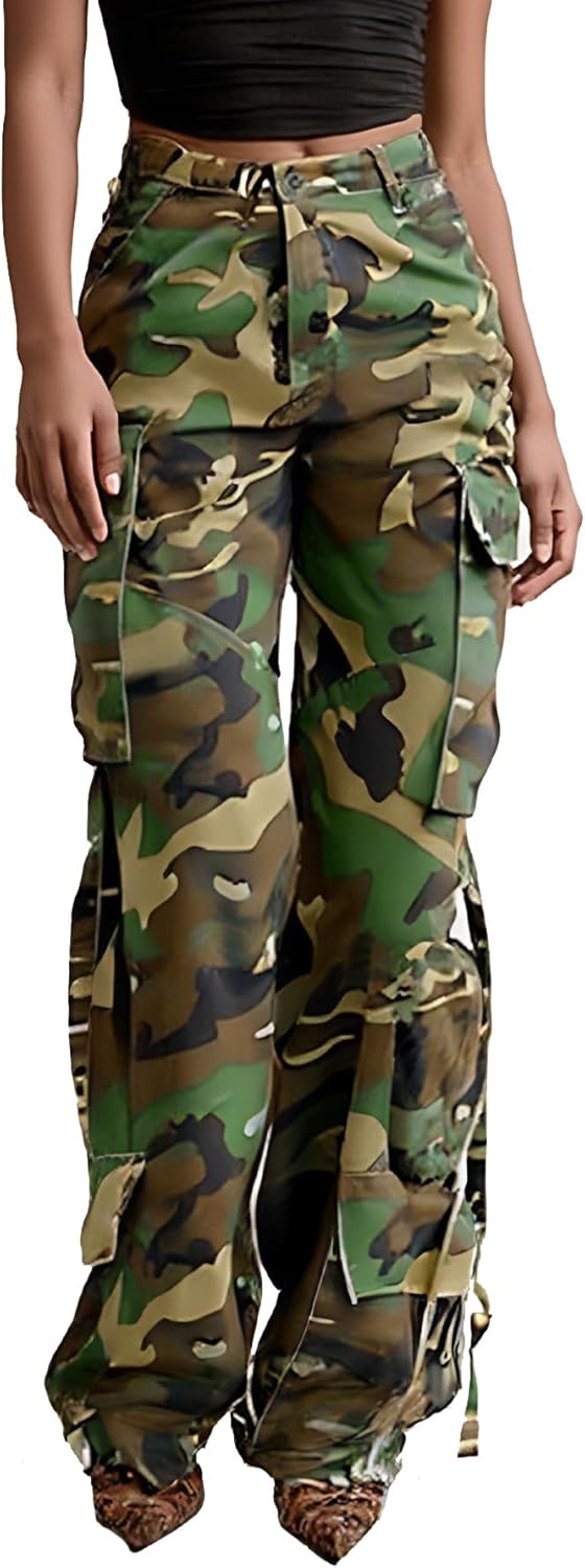Tbahhir Womens Camo Cargo Pants High Waist Wide Leg Army Military Casual Plus Size Joggers Trousers with Multi Pockets