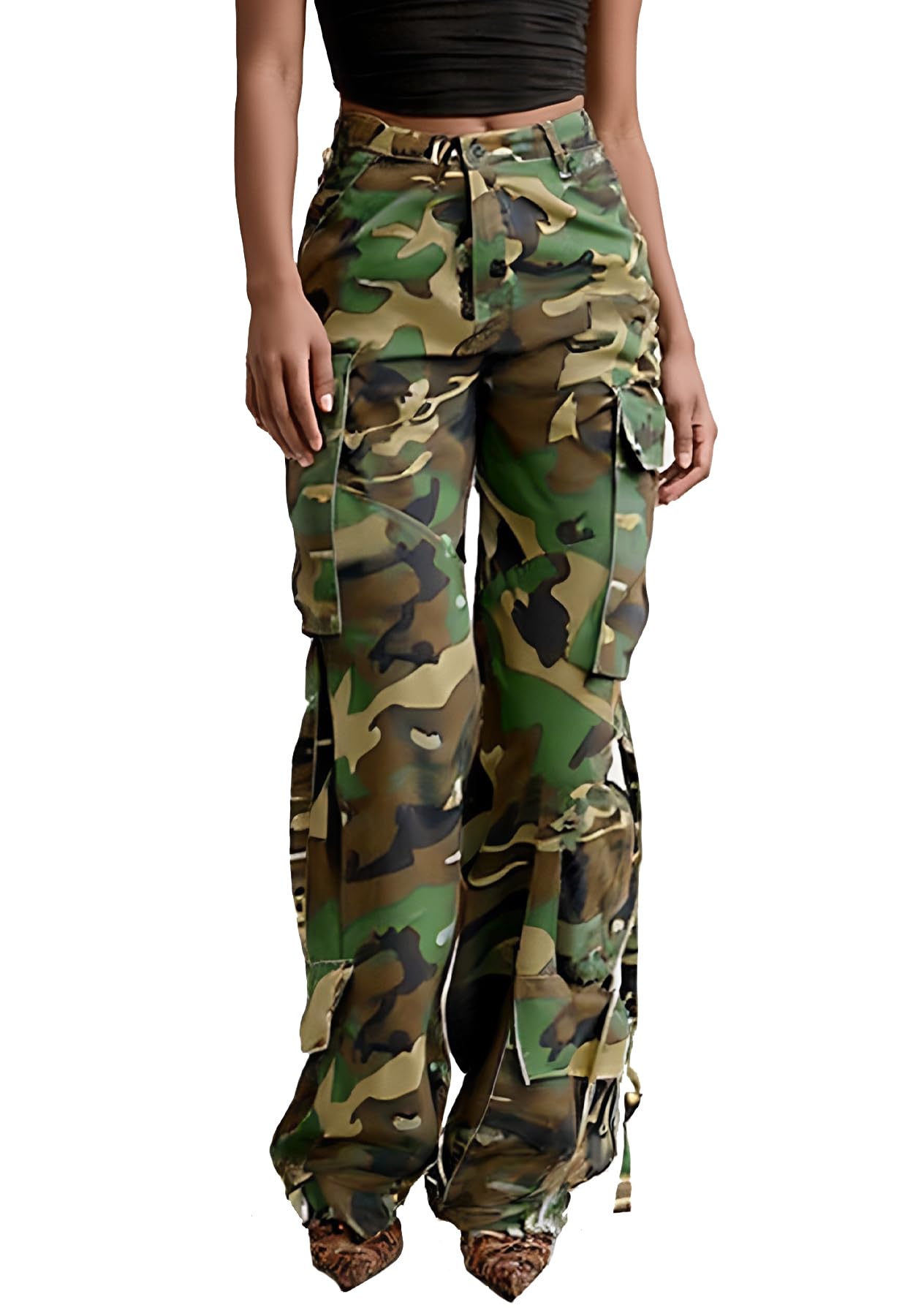 Tbahhir Womens Camo Cargo Pants High Waist Wide Leg Army Military Casual Plus Size Joggers Trousers with Multi