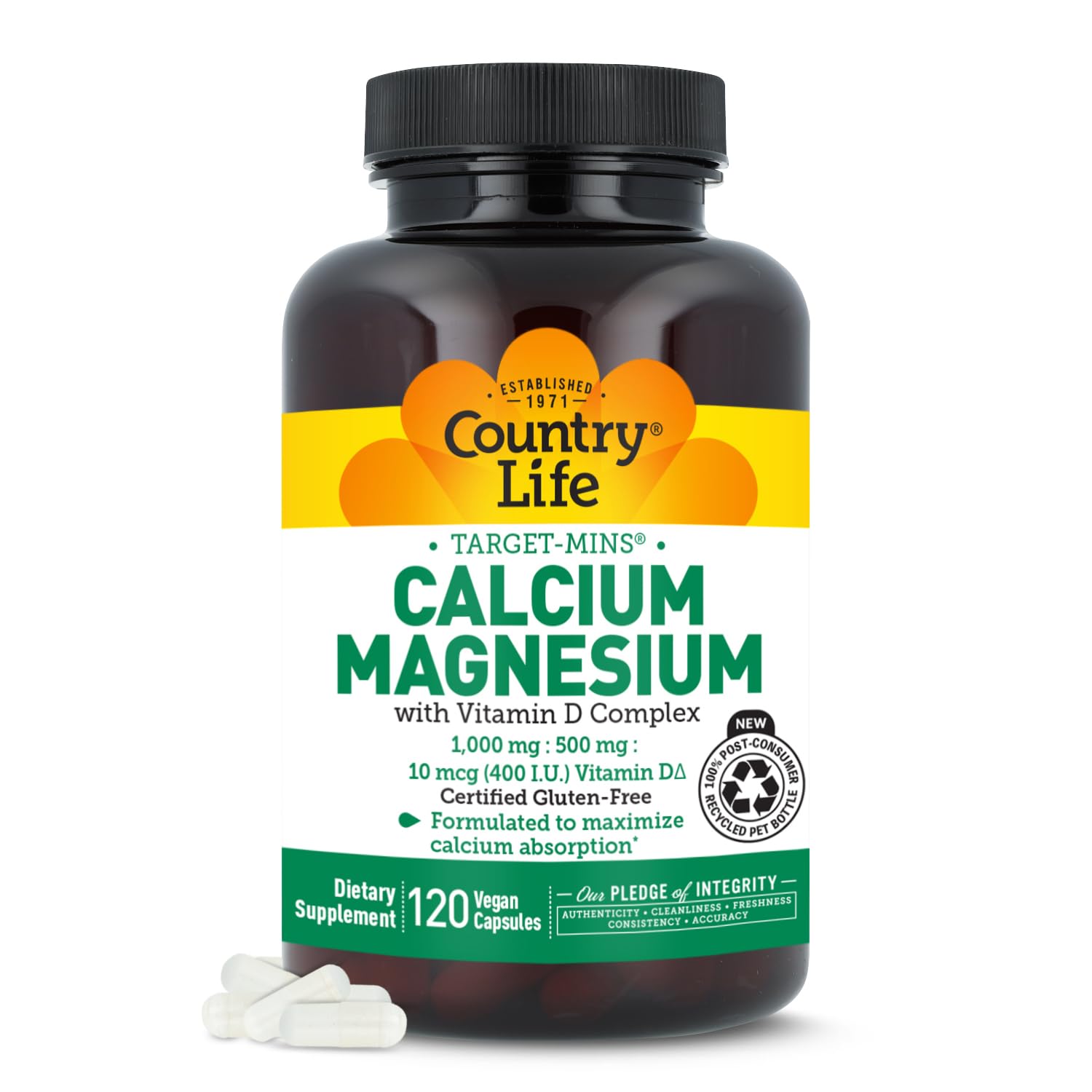 Country Life Target-Mins Calcium Magnesium Vitamin D, 120 Vegan Capsules Unflavored 120 Count (Pack of 1)