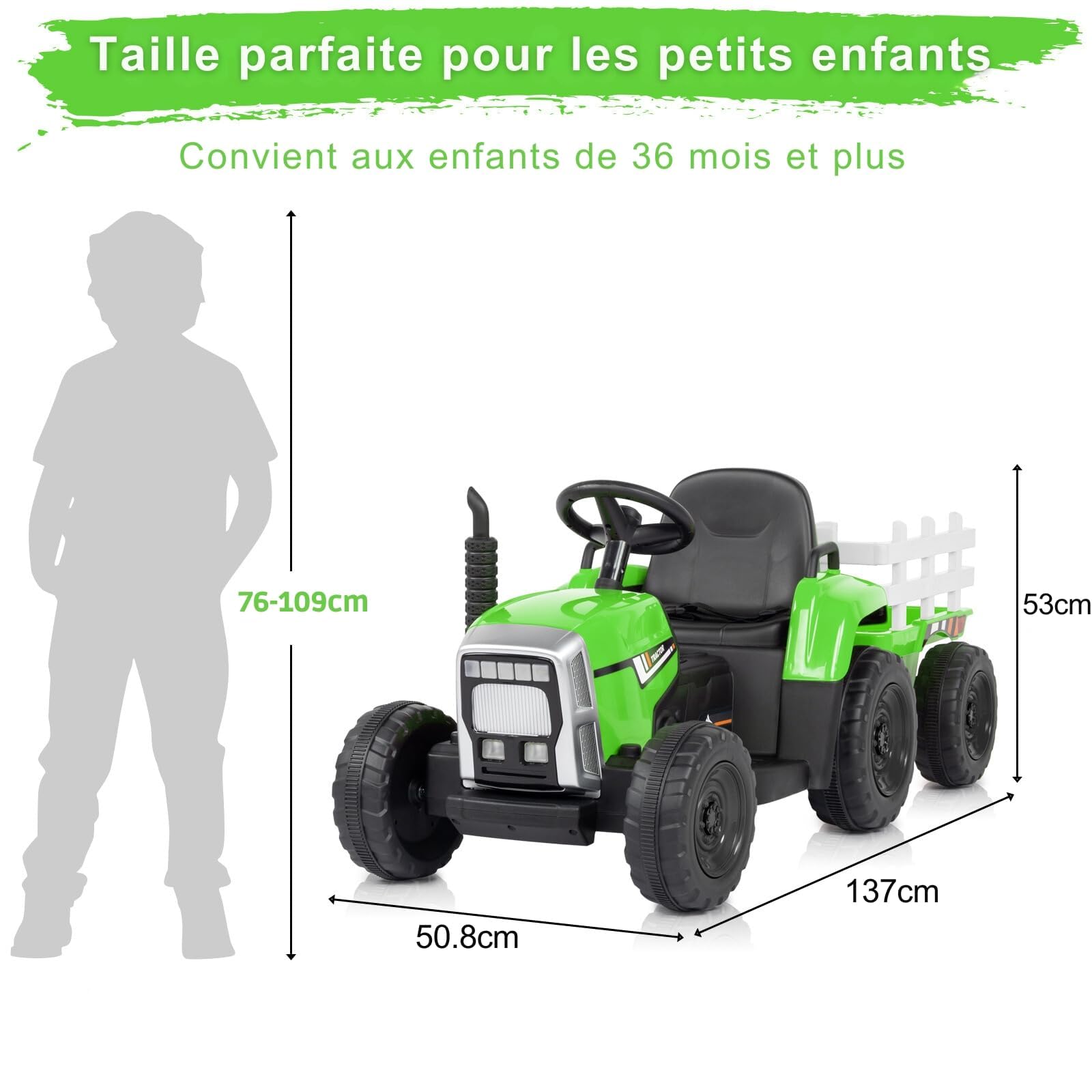 LEADZM 12V Tracteur Électrique Enfant avec Remorque Amovible, Lumière LED, Musique, Klaxon, Télécommande 2,4 GHz Vert