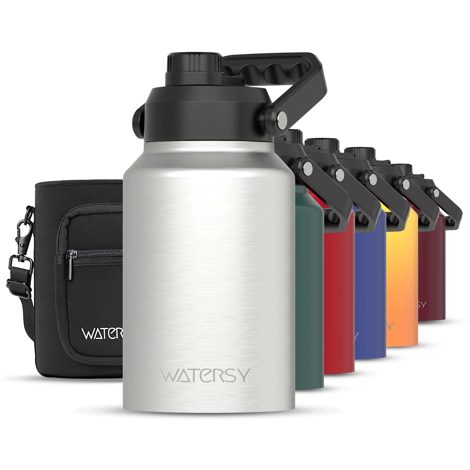 WATERSY Half Gallon Water Bottle Insulated(Cold for 48 Hrs),BPA Free&amp;Leak Proof,64oz Stainless Steel Water Jug/Flask,Big thermo,Large Water Bottle with Handle for Gym,Hiking,Camping,Stainless