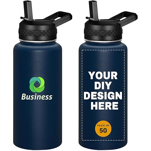 Personalized Custom Water Bottles with Text Logo Print in USA 32oz 50 Pcs Double Wall Stainless Steel Leakproof Wide Mouth Cups with Flip Straw