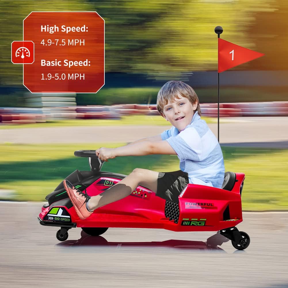 Child riding the Nasitip 24V Kids Ride on Drift Car, illustrating high and basic speed ranges.