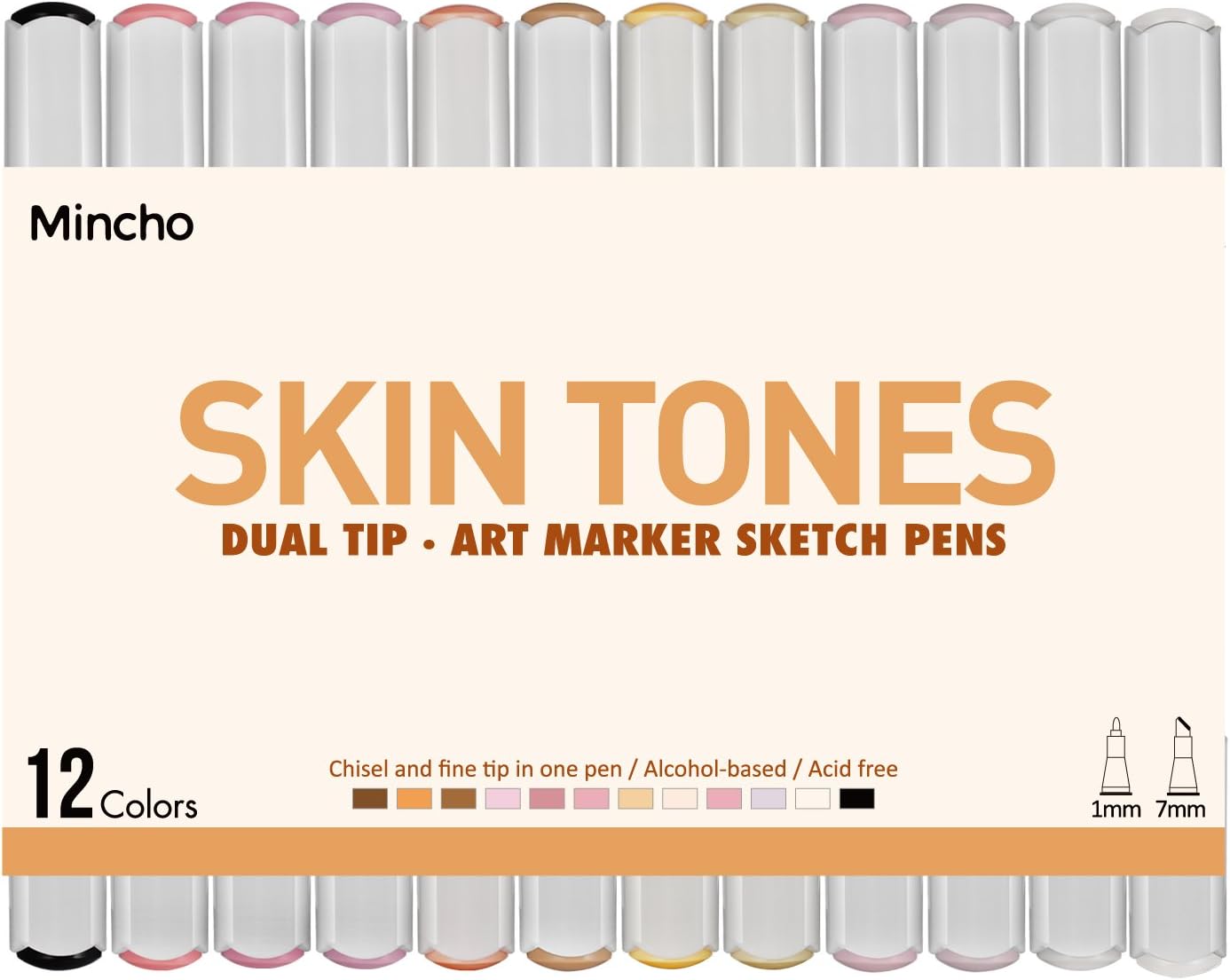 Dual Tip Skin Tones Markers Pen Set, Permanent Art Sketch Marker For Manga, Portrait, Flesh, Illustration Drawing - Pack of 12 Includes Colorless Blender