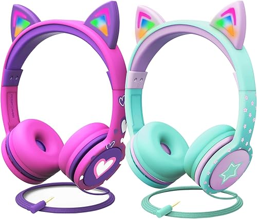 FosPower Auriculares para niños con orejas de gato LED (límite de volumen seguro de 85 dB), auriculares con cable de 0.138 in con cables sin enredos