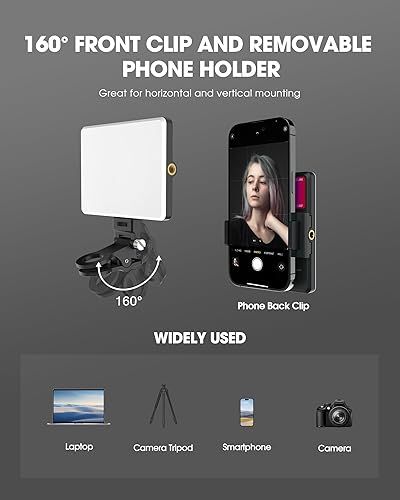 Miniatura 5 de MAXTOP Luz de teléfono, luz de video RGB portátil para selfie para iPhone, iPad, cámara, clip frontal y trasero, batería de 2000 mAh, CRI 95+,