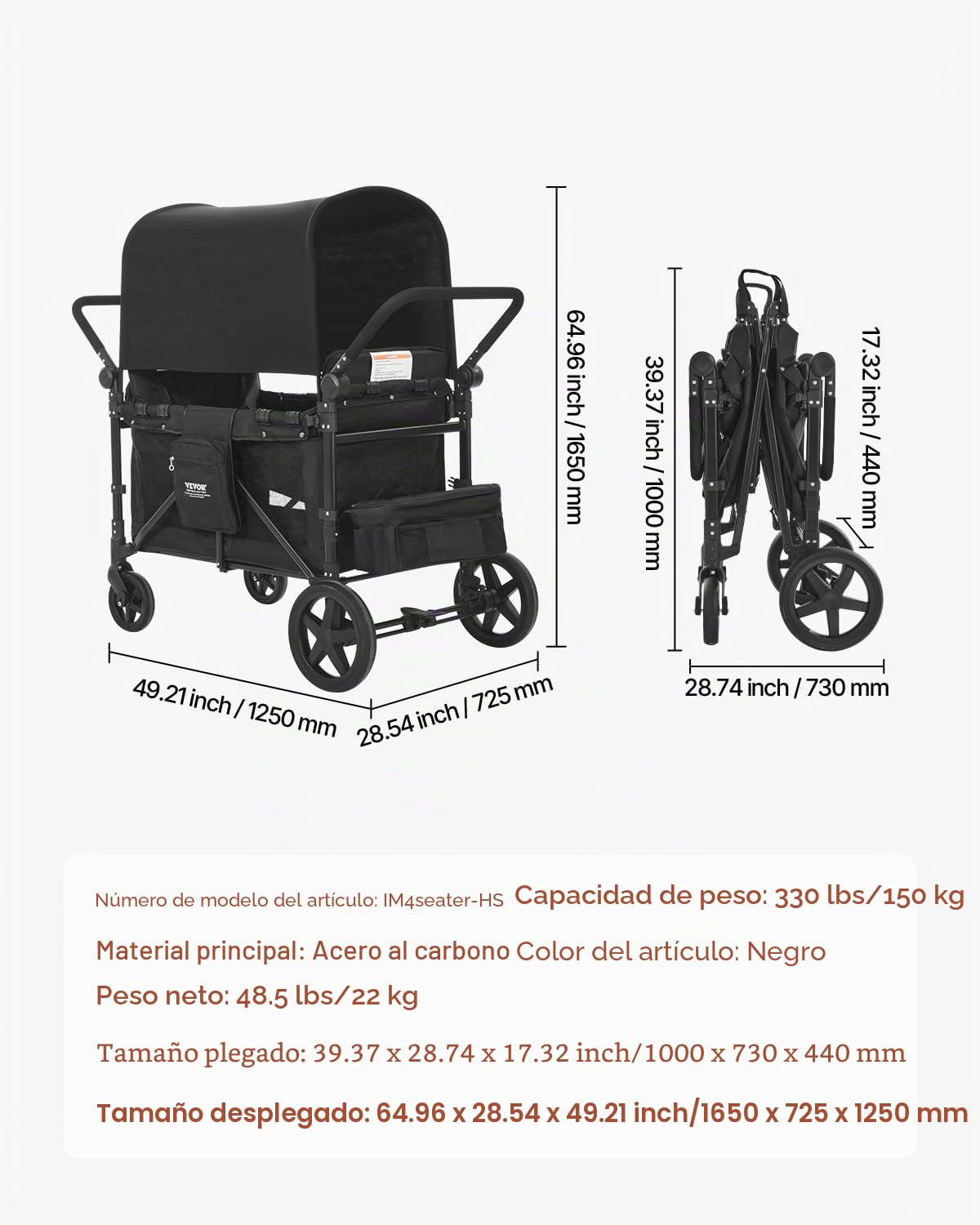 VEVOR Cochecito Plegable para 4 Niños, con Asa Ajustable, Arnés de Seguridad de 5 Puntos y Capota Extraíble, 4 Plazas, para Camping, Negro(Carga de 150 kg), Acero al Carbono, 1650 x 725 x 1250 mm