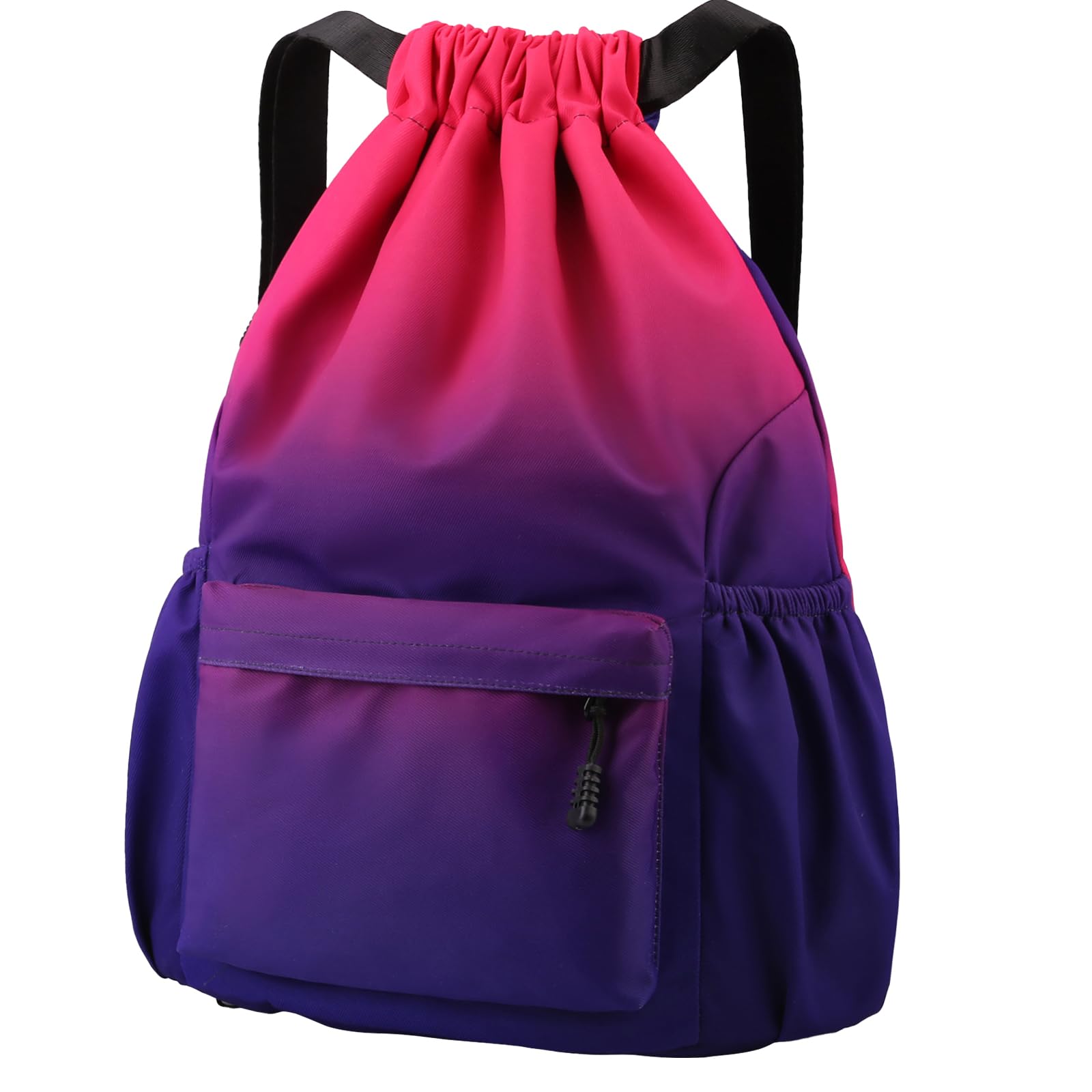 Drawstring Gym Bag with Mesh Pockets Outside Zipper, Red-blue Gradient