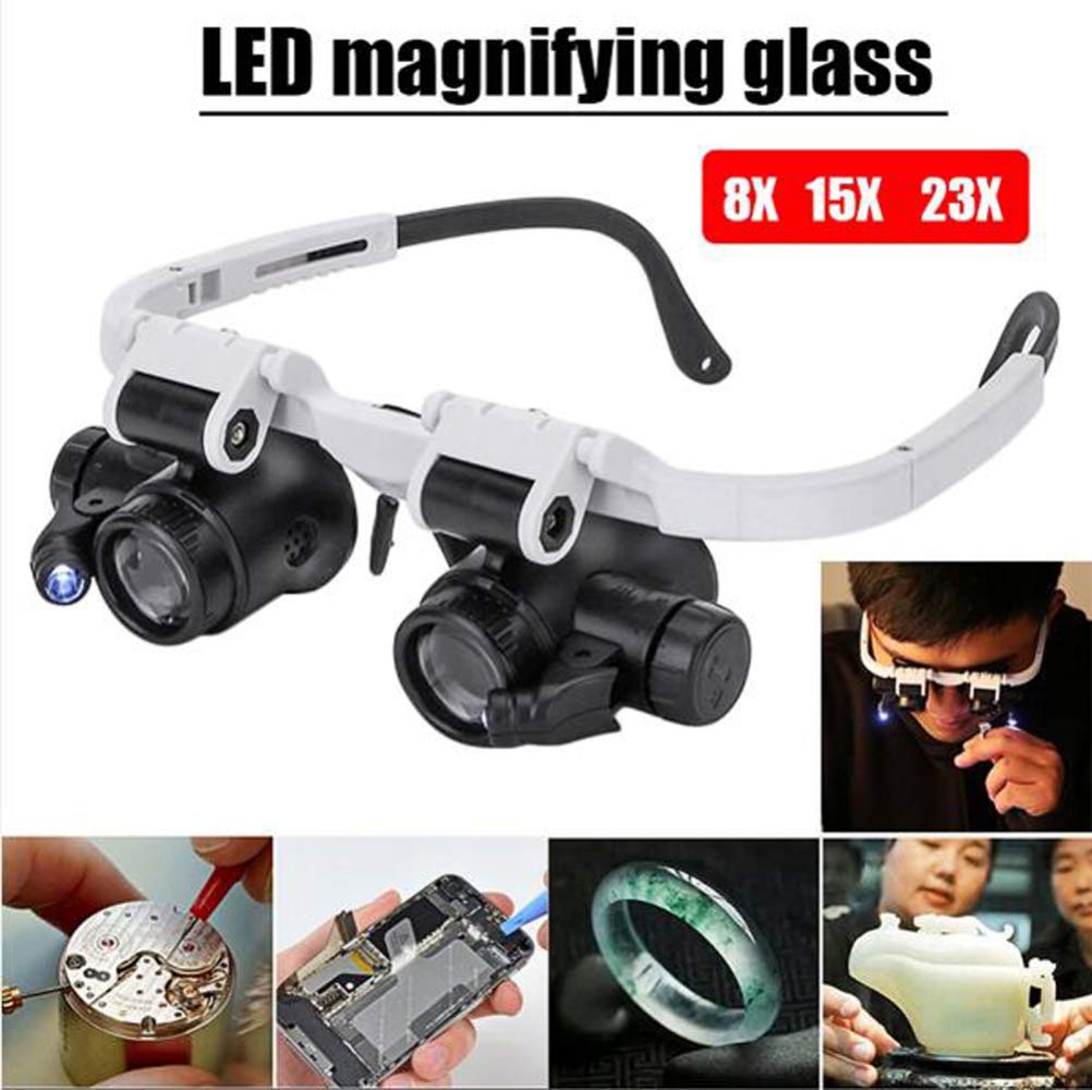 Desconocido Magnifier 3 Lens 8X 15X 23X Bracket Headband Magnifier Loupe Glasses with 2 LED Lights Eye Magnification Goggles Magnifying Tool A