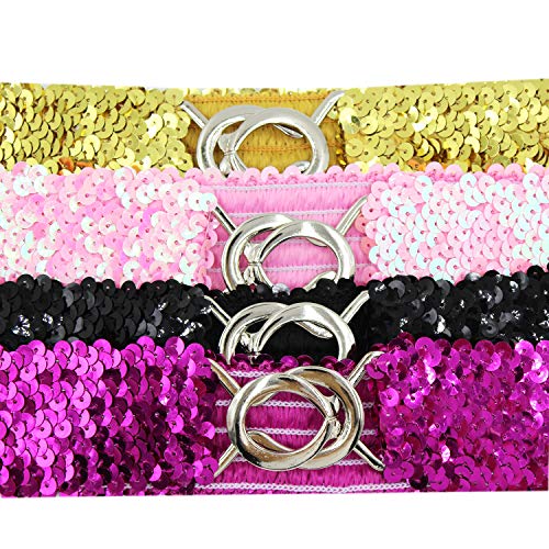 4 Pack Women Girls Sparkly Glitter Sequin Stretchy Elastic Waist Belt Wide Dress Belt Corset Cinch Belt (Gold+Rose+Black+Pink) #TOP4