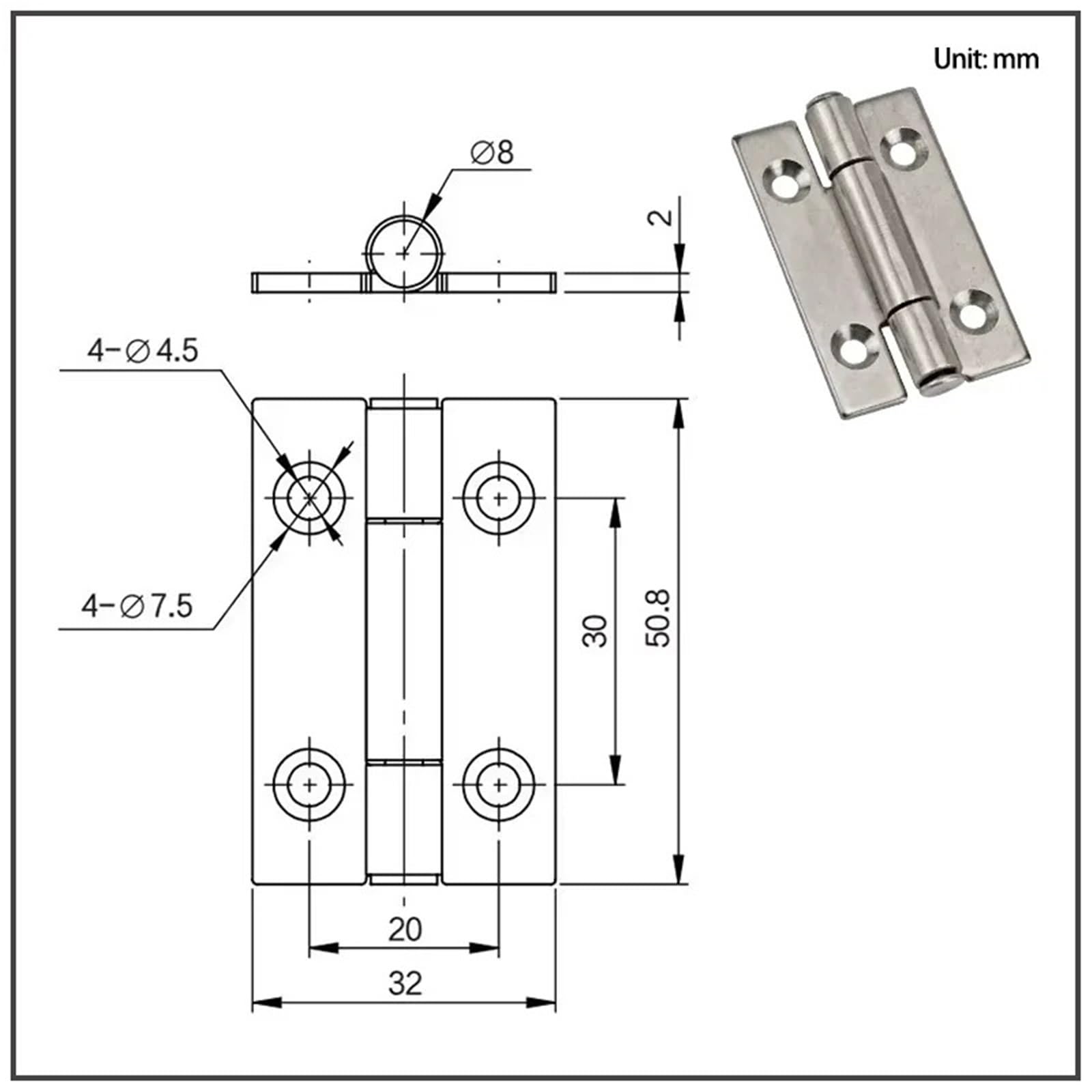 Bisagra cuadrada de acero inoxidable con borde estrecho, 1 pieza, for puerta de gabinete de equipo eléctrico industrial, bisagra engrosada