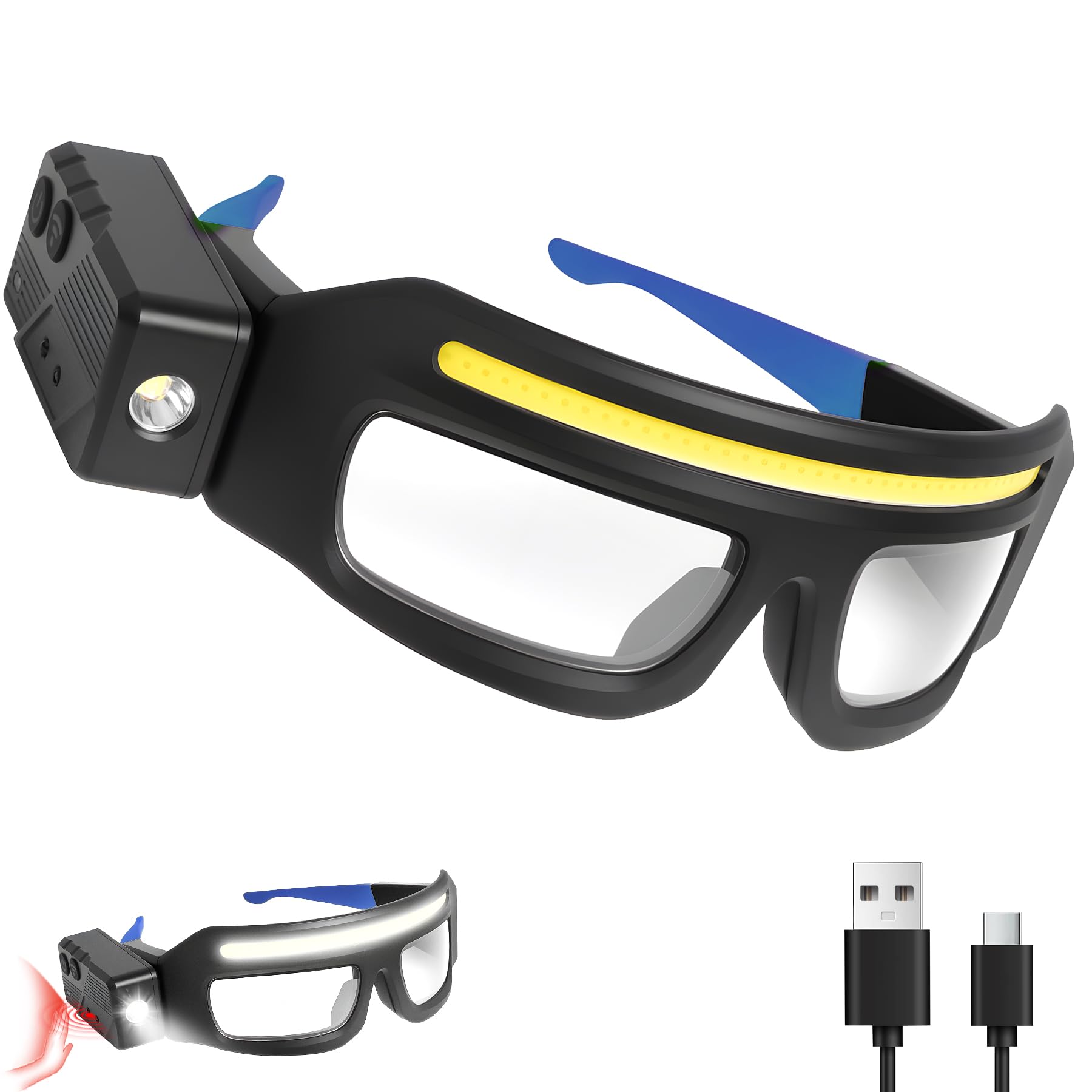 NIRIAHO Adjustable Headlamp Glasses with Motion Sensor Rechargeable Headlight Safety Glasses for Camping Hiking Fishing Cycling Blue