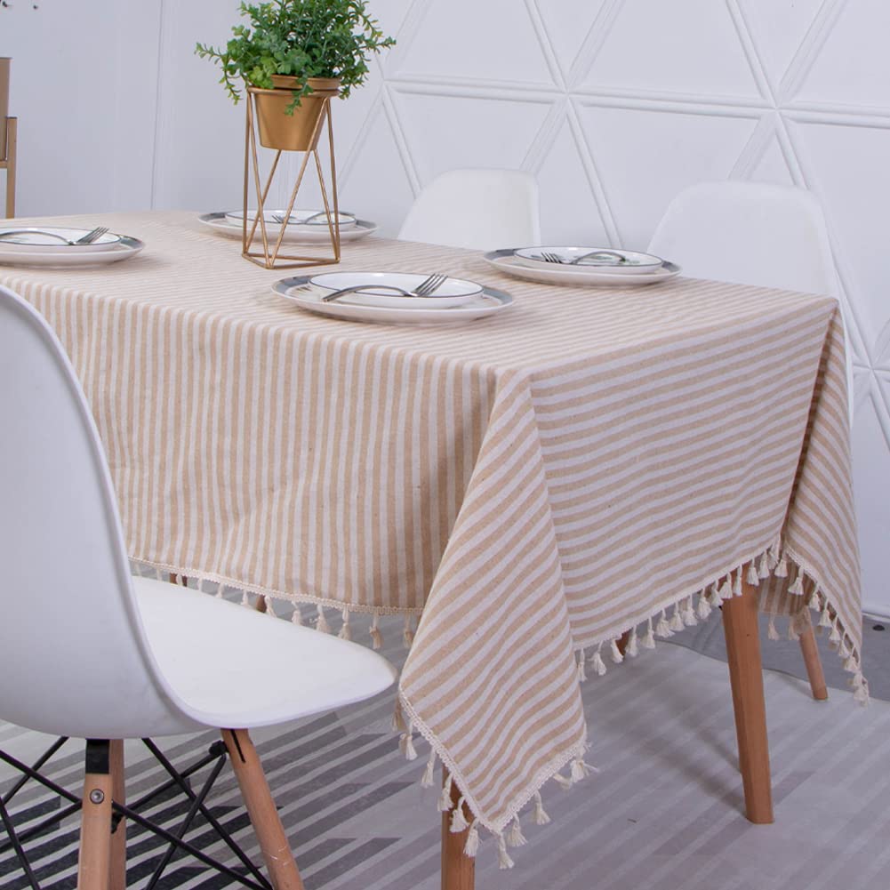 Novetec Tablecloth Rectangular Linen Look Stripe Tassel Tablecloth Wipe Clean Oil Resistant Stain Resistant Easy Care For Indoor Outdoor Garden Dining Room Party And Celebrations — image 1