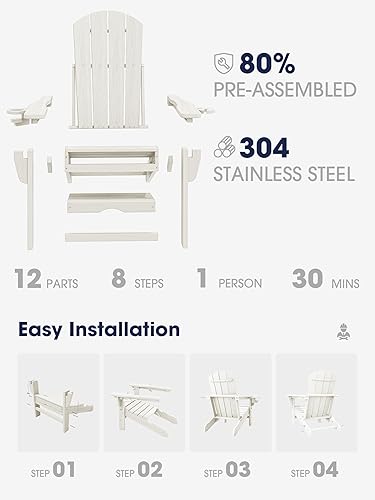 Miniatura 7 de KINGYES Juego de 2 sillas Adirondack plegables ajustables con otomana y 2 portavasos, sillas reclinables Adirondack de polietileno de alta densidad