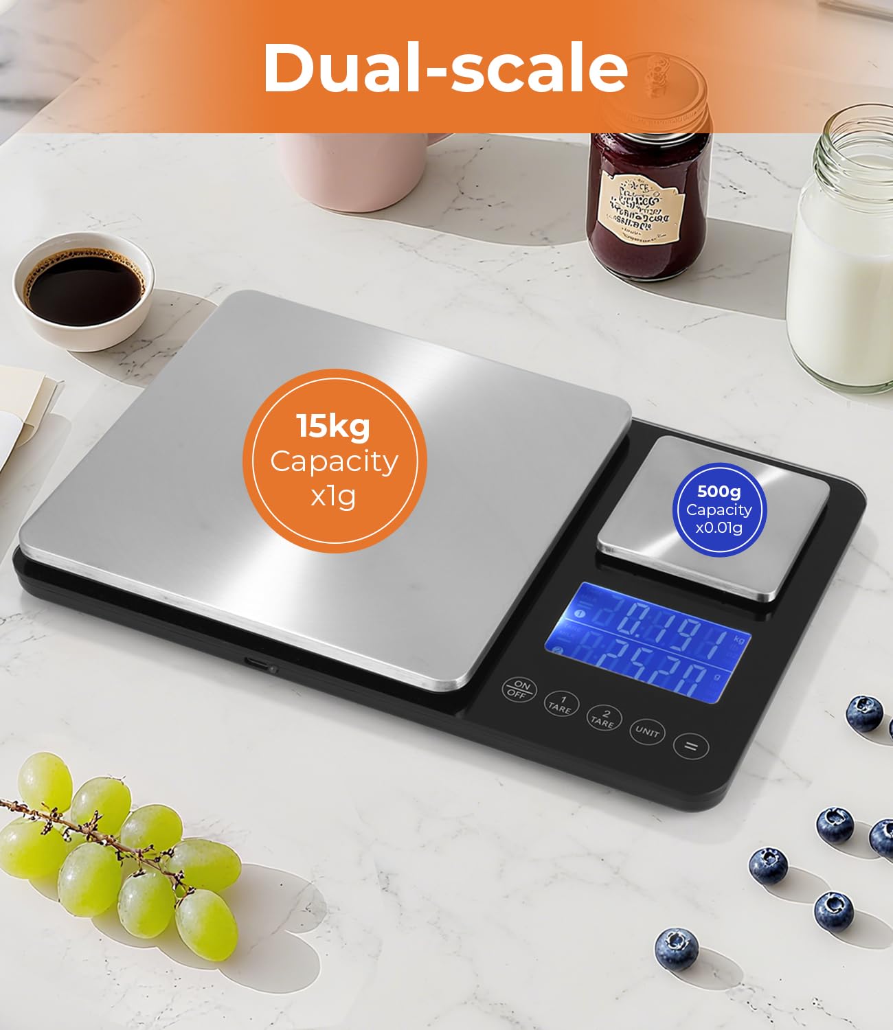 Balance de Cuisine Numérique à Double Plateforme, précision gramme, Rechargeable USB ou Piles, Inox, 7 Unités, Écran LCD – Idéale pour Pâtisserie, Café, Cuisine Maison