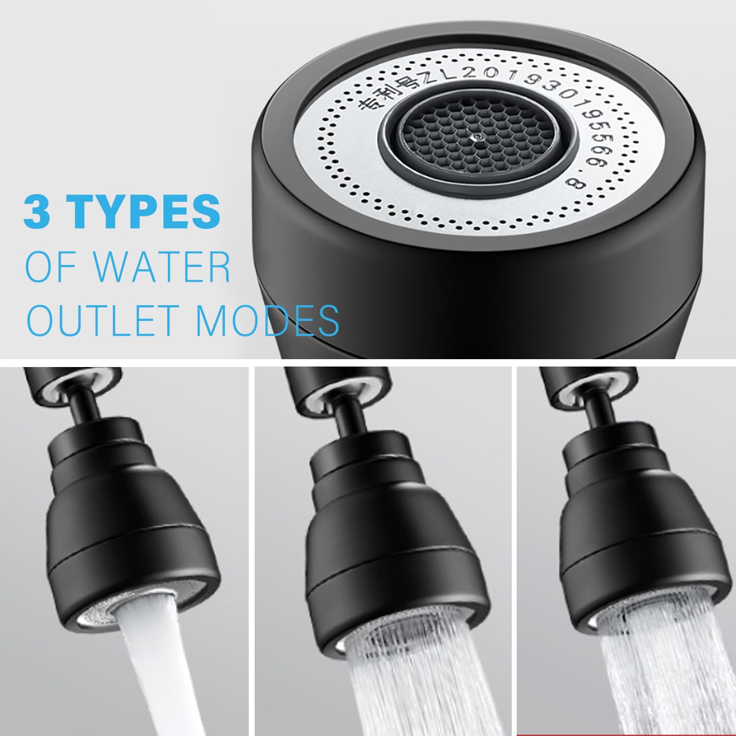 Waterkraan opzetstuk, draaibaar, 360 graden draaibaar, met 3 modi, multifunctionele waterkraan, beluchter, waterbesparing voor kraan, douche, keuken, badkamer