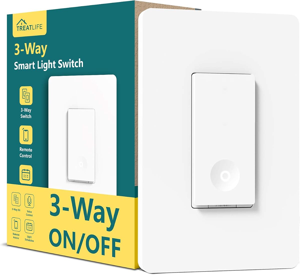 TREATLIFE Interruptor inteligente de 3 vías, interruptor de luz WiFi de 2,4 GHz funciona con Alexa y Google Home, requiere cable neutro, control remoto, temporizador de programación, 1 paquete, blanco