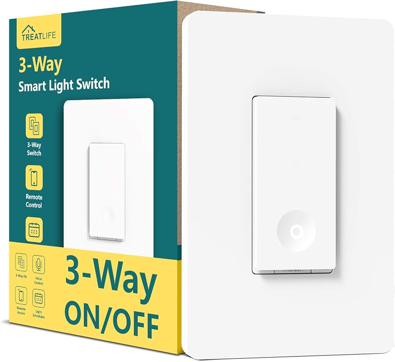 TREATLIFE Interruptor inteligente de 3 vías, interruptor de luz WiFi de 2,4 GHz funciona con Alexa y Google Home, requiere cable neutro, control remoto, temporizador de programación, 1 paquete, blanco