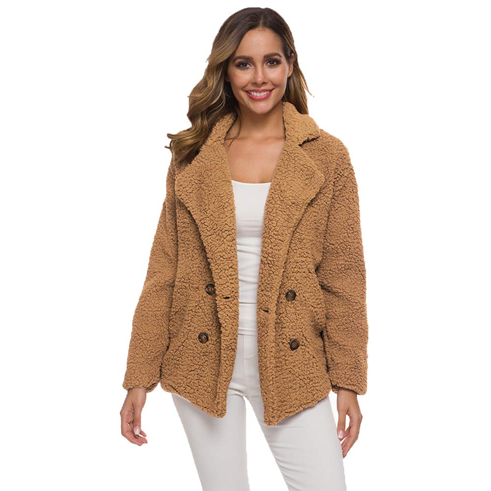 Odokei Women's Camel Coat Jacket Faux Fur Coat Teddy Bear Jacket Winter Coats Fluffy Jacket Wool Coats Parka Warm Faux Fur Fleece Fluffy Notch Collar Plain Button Loose M